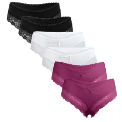 Fabio Farini 6er Set Damen Panty Hipster Mit Feinem Spitzenbesatz An Bein Und Taille, Größe:42, Farbe:2x Schwarz/2x Weiß/2x Beere