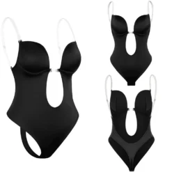 Tiefes V Bustier, U Eintauchen Rückenfrei Body Shaper BH, Transparent Riemen Versammeln Korsett Bustiers (M, Schwarz)